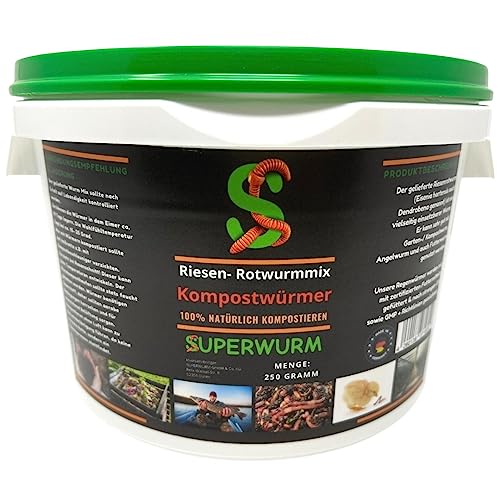 Kompostwurm-Mix 250g (ca.300 St.) - Riesen-Rotwurmmix mit lebenden Kompostwürmern I Kompostwürmer für eine schnelle & nachhaltige Kompostierung im Wurmkomposter Schnellkomposter und Thermokomposter