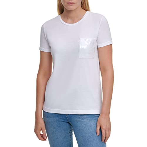 DKNY Women's Sequin Pocket Cotton Blend T-Shirt, White, S