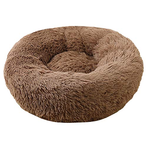 XDKS Donut-Katzenbett aus Plüsch, rund, selbstwarm, beruhigend, Haustierbett, weiches Welpen-Sofa, rutschfeste Unterseite, maschinenwaschbar (L, helles Kaffee)