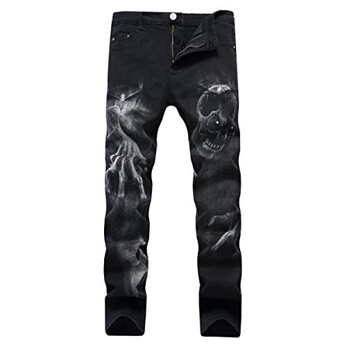 Huixin Jeanshosen Männer Nner Mittlere Taille Gerade Herrenmode Casual Stretch Vintage Schädel Printing Jeans Denim Hosen Trousers (Color : Schwarz, Size : 34)