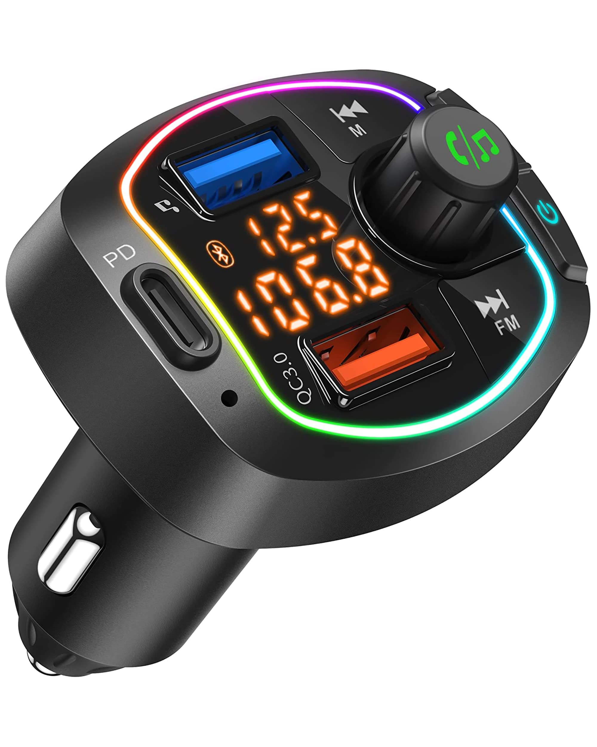 Bluetooth FM Transmitter für Auto TYKEVO Auto Feuerzeug MP3 Player mit Zwei USB Anschlüssen (Quick Charge QC 3.0, Pen Drive) Typ C PD TF Kartensteckplatz Anzeige mit Batteriespannung