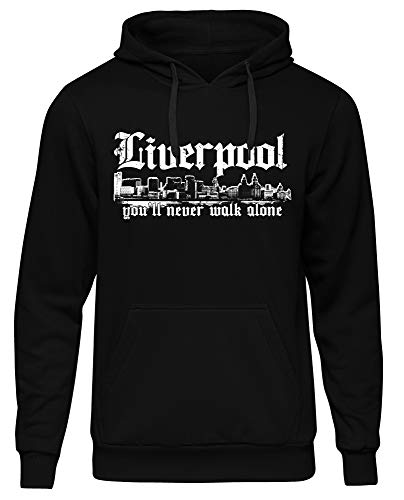 Liverpool Skyline Männer Herren Kapuzenpullover | Stadt Sport Fussball Trikot Ultras | M1 (XL, Schwarz)
