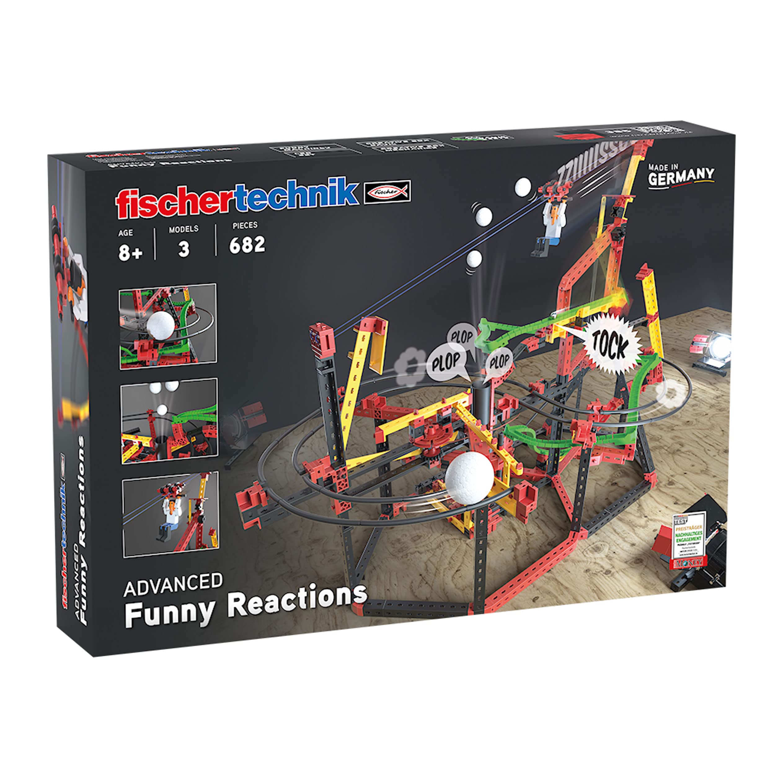 fischertechnik 559890 ADVANCED Funny Reactions – Bausatz für Kinder ab 8 Jahren, Konstruktionsspielzeug mit spannenden Kettenreaktionen, inkl. Seilbahn & Katapult