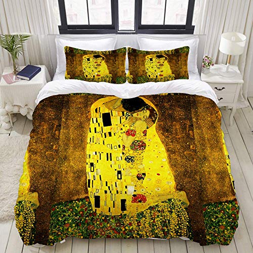 HARXISE Reversible Beige Bettbezug voll, Klimt inspirierte abstrakte Kunst Batik Gemälde auf dem Gelände von Gustav Klimt Home Hotel Wohnheim dekorative Bettwäsche-Set + 2 Kissenbezüge, gedruckt