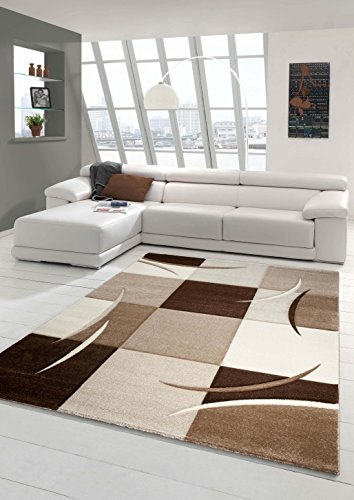 Designer Teppich Moderner Teppich Wohnzimmer Teppich Kurzflor Teppich mit Konturenschnitt Karo Muster Braun Beige Mocca Größe 80x150 cm