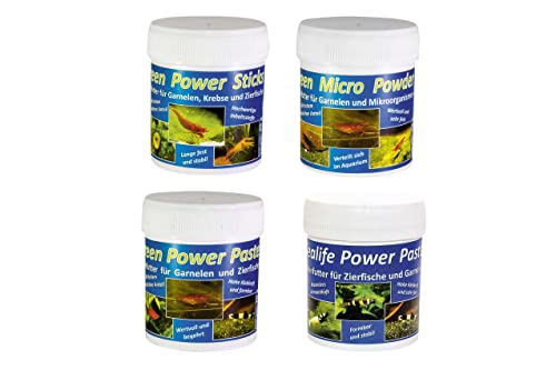 Futterpaket: Futter für Fische, Garnelen und Krebse im Aquarium - Green Micro Powder (40 g), Green Power Paste (70 g), Green Power Sticks (45 g) und Sealife Power Paste (70 g)