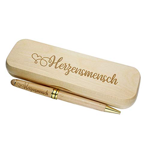 FORYOU24 Kugelschreiber mit Gravur Herzensmensch in Geschenk-Schachtel aus Holz die Geschenkidee Stift graviert