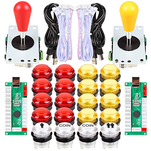 EG STARTS 2 Spieler LED Arcade DIY Teile 2X USB Encoder + 2X Ellipse Oval Style Joystick + 20x LED Arcade Tasten für PC MAME Raspberry Pi Windows System (Rote & Gelb kit)