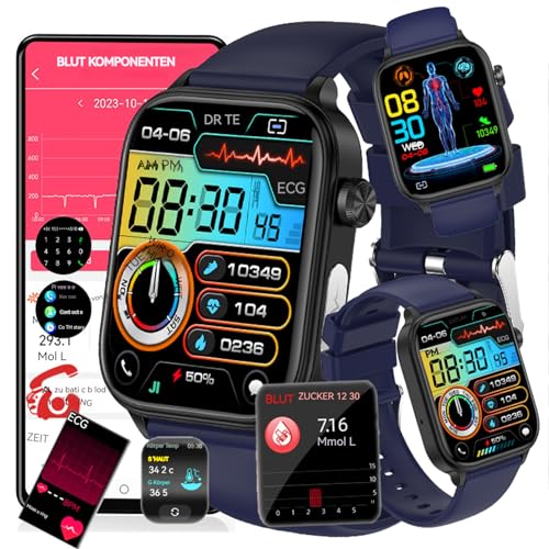 Fohatu 𝐄𝐂𝐆 Smartwatch 𝐛𝐥𝐮𝐭𝐳𝐮𝐜𝐤𝐞𝐫𝐛𝐥𝐮𝐭𝐳𝐮𝐜𝐤𝐞𝐫𝐦𝐞𝐬𝐬𝐮𝐧𝐠𝐃𝐢𝐚𝐛𝐞𝐭𝐞𝐬,Smartwatch Mit Bluetooth-Anrufe Blutfette Harnsäure Monitor,Sportuhr, Blau