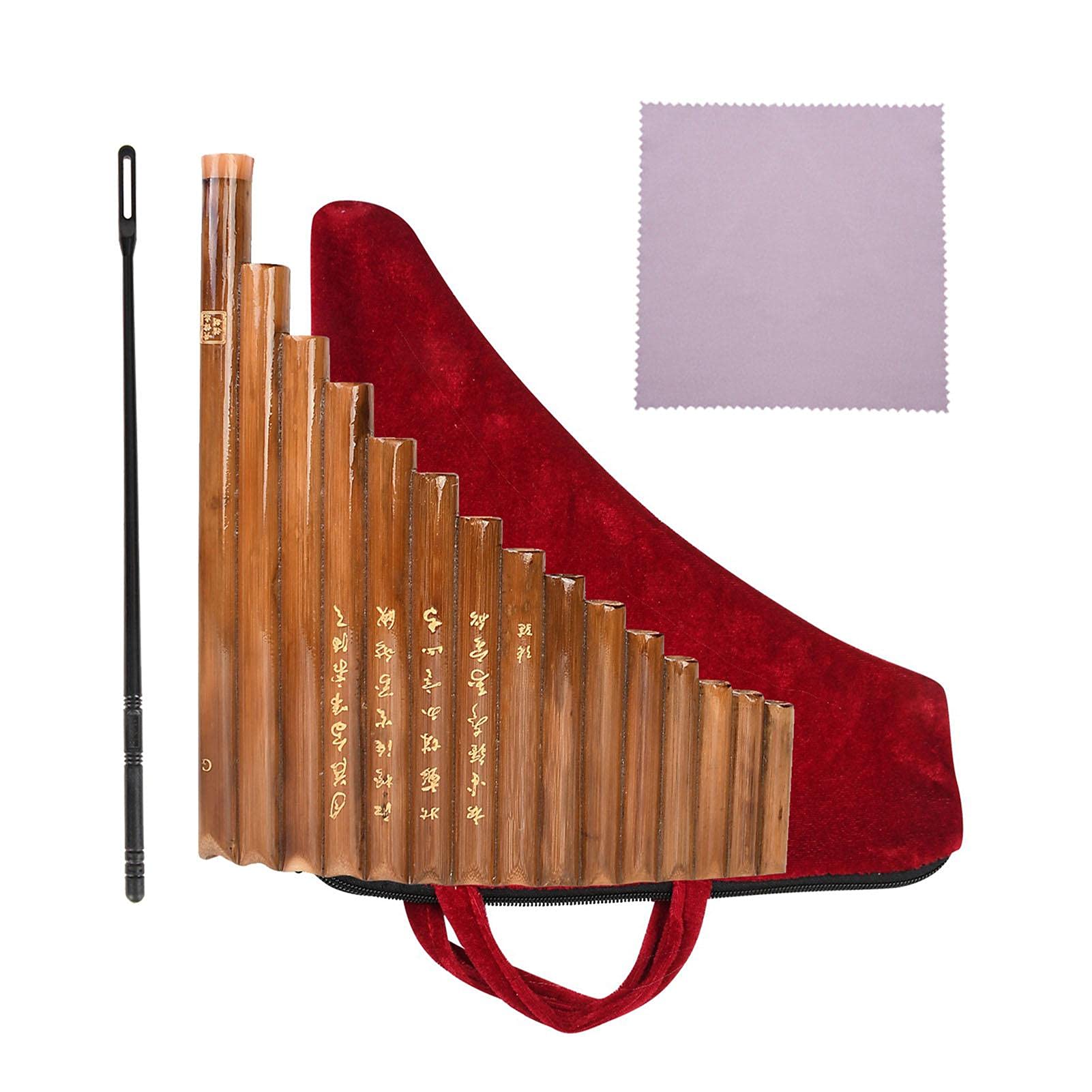 15 Pfeifen G Key Panflöte - Traditionelles chinesisches Musikinstrument mit Reinigungsstab und Tuch, linke Hand, braun - reiner, weicher und zarter Klang