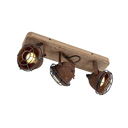 QAZQA - Industrie | Vintage | IndustrieSpot | Spotlight | Deckenspot | Deckenstrahler | Strahler | Lampe | Leuchte rostbraun mit Holz kippbar 3-flammig Spotbalken-Licht - Gina | Wohnzimmer | Schlafzim