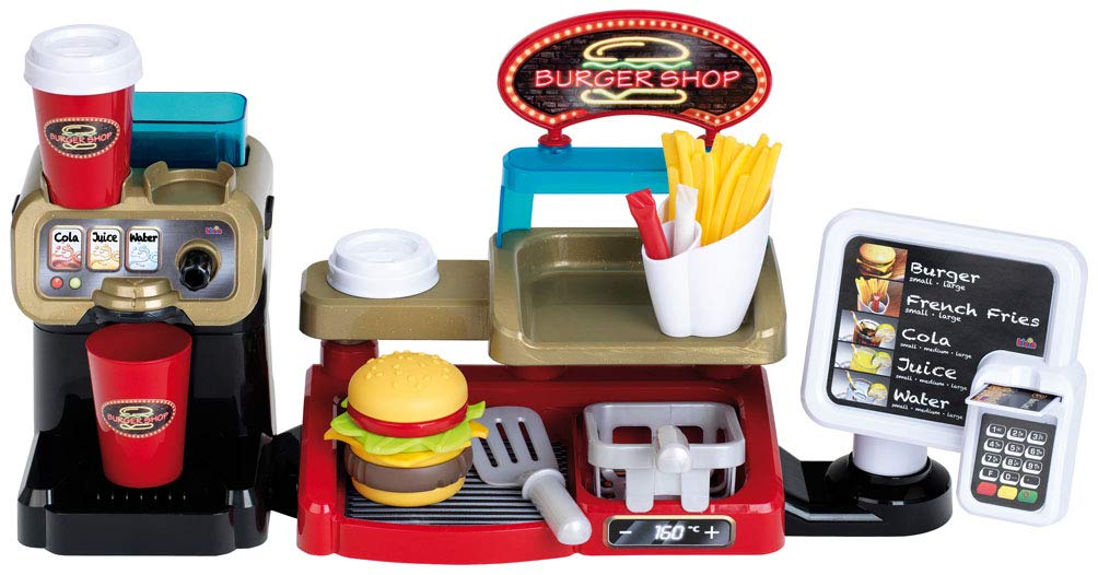 Klein Theo 7307 Theo Burger Shop I Burger mit Stecksystem I Zubehör I EC-Karte und Lesegerät mit Sound I Maße: 52 cm x 14 cm x 23 cm I Spielzeug für Kinder ab 3 Jahren