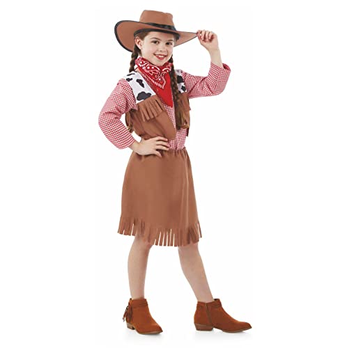 Fun Shack Braunes Cowgirl Kostüm für Mädchen, Niedliches Faschingskostüm Kinder, inkl. Cowboy Hut - S