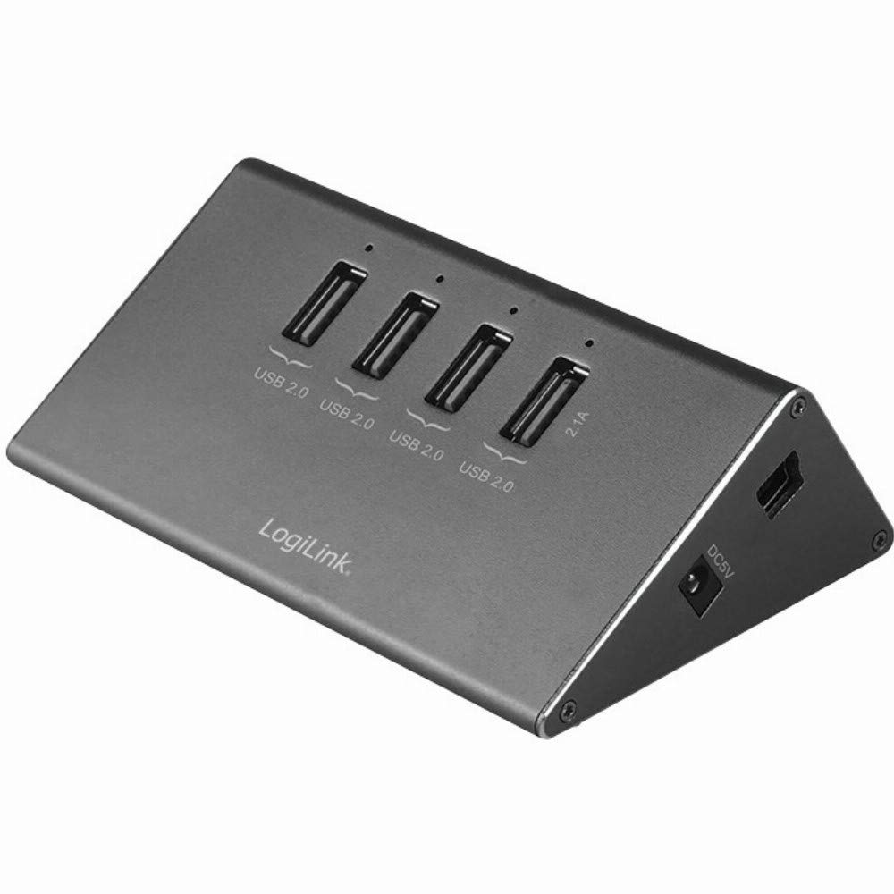 LogiLink UA0224 USB 2.0 Hub 4-Port + 1x Schnell-Ladeport mit Smart IC/ LED Anzeige/ Überspannungsschutz, für Windows & Mac OS