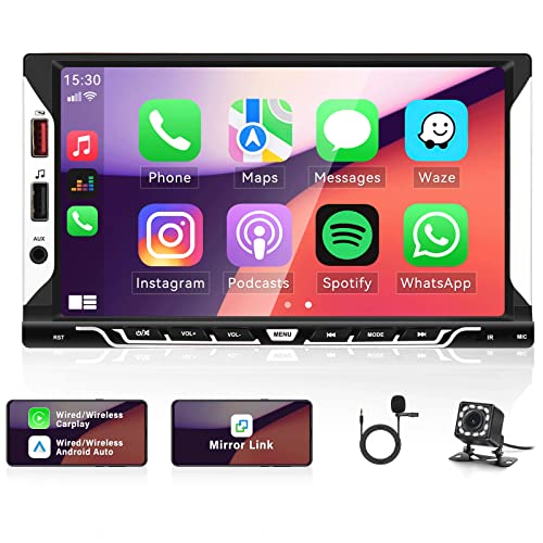 Autoradio 2Din mit Wireless Apple CarPlay Android Auto, 7 Zoll Doppelt Din Bildschirm Autoradio mit Android/IOS Mirror Link Bluetooth FM SWC AUX-in EQ 6 USB-Anschlüsse MP5 Player + Rückfahrkamera
