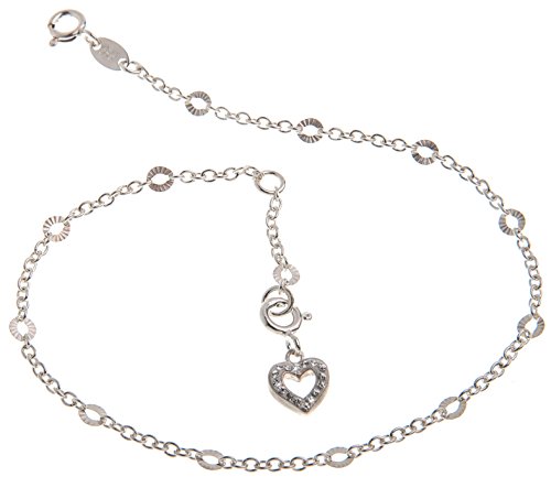 Fußkette Silber (Erbskette) mit Schliff und weißem Herz - 2mm Breite - Länge 30cm - echt 925 Silber