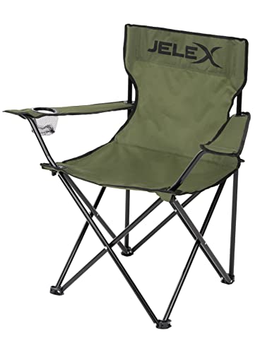 JELEX Expedition Campingstuhl mit Rückenlehne, integrierten Armlehnen und Getränkehalter, einfacher Klappmechanismus. Schmutz- und wasserabweisend in Schwarz, Grün und Türkis (Grün)