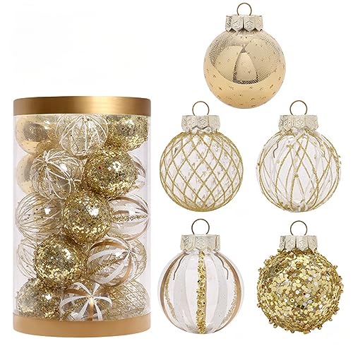 25 Stück Christbaumkugeln Set Fünf Weihnachtskugeln Aus Kunststoff Bruchsicher Für Weihnachtsbaum Deko, Balkon, Party, Bemaltes Weihnachtskugel-Set (Gold)