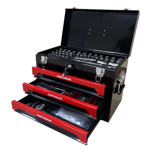 Werkzeugkasten mit 3 Schubladen, Werkzeugset, Verriegelung, tragbarer Werkzeugkasten für Garage, Werkstatt, Metall, Werkzeugkasten, Stahl, Werkzeugkasten, schwarz + rot