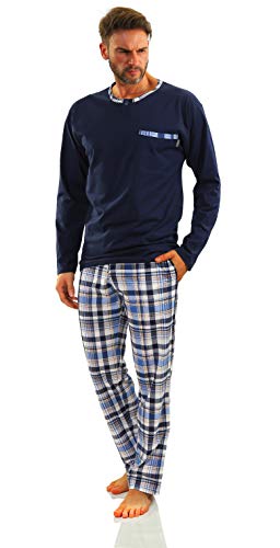 Sesto Senso Herren Schlafanzug Lang Pyjama 100% Baumwolle Langarm Shirt mit Tasche Pyjamahose Zweiteilig Set Nachtwäsche Dunkelblau Blau Kariert XXL Jasiek 2188/17