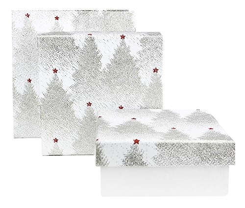 Emartbuy Geschenkboxen, quadratisch, handgefertigt, aus Baumwollpapier, mit Glitzerbäumen, weiße Innenseite, 3 Stück