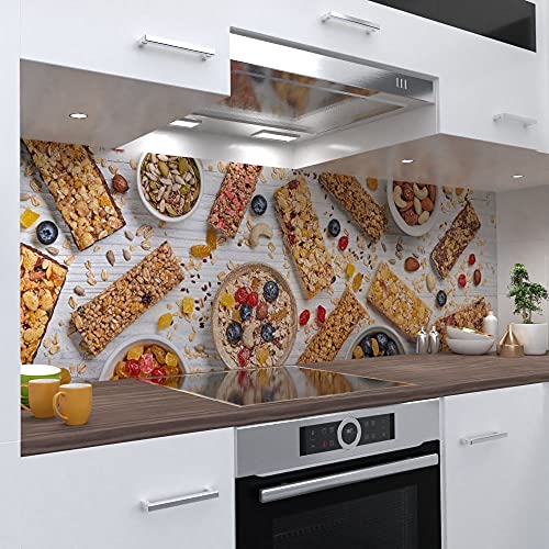 OneWheel | selbstklebende Küchenrückwand | 220x50 cm harte PVC Folie | Wandtattoo für Fliesenspiegel Design Müsliriegel | Motiv: Müsli