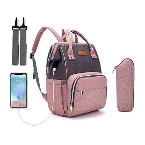 Mama Umstandsmodemarke Windeltasche mit großer Kapazität Reiserucksack Mummy Taschen Designer-Taschen-Baby-Pflege,USB-Rosa-Grau