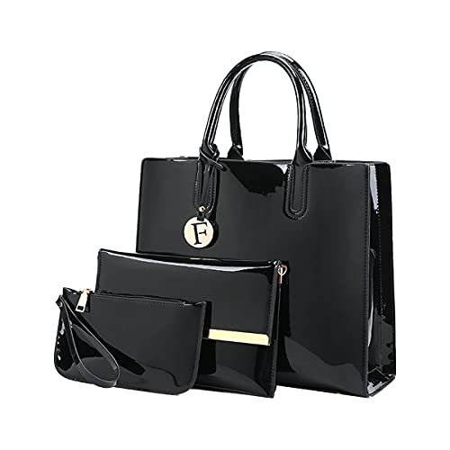 NIYUTA Damen Handtasche Mode Lackleder umhängetasche Hohe Kapazität Mutter und Tochter Tasche 3-teiliges Set Schultertaschen schwarz