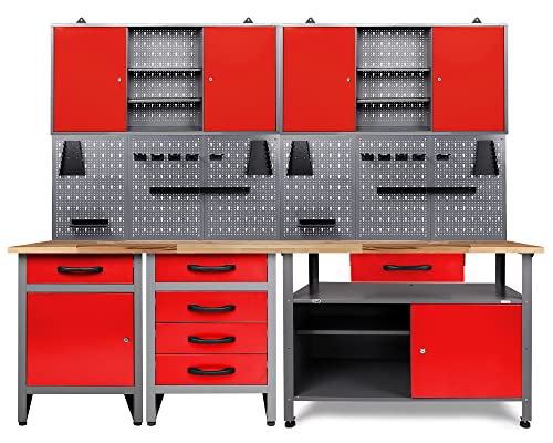 Ondis24 Werkstatt rot Werkstatteinrichtung 7 TLG. grauaus: 3 x Werkbank TÜV geprüft, 2 x Werkzeugschrank TÜV geprüft und Lochwand mit 22 Haken