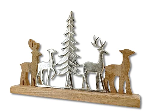 Mango-Holz und Metall Figur REH-Familie und Tannenbaum braun Silber 38 x 25cm Dekofigur Wald-Deko Tisch Dekoration
