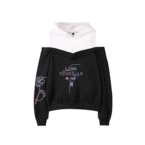 WanYangg Kapuzenpullover Damenbekleidung Hoodie Elegant Tops Langarmshirt Schulterfrei Rundhals Lose Sweatshirts Bangtan Boys Pullover Casual Oberteile Love Yourself Oversized 2# schwarz XS