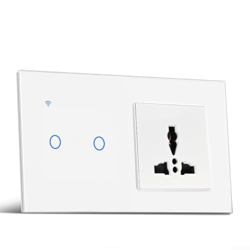 Intelligente Wandsteckdose, WLAN-Steckdosenschalter für Tuya, Drei-Loch-Multifunktionssteckdose mit weißer Anzeige-Ein/Aus-Schaltertaste(2 gang white)