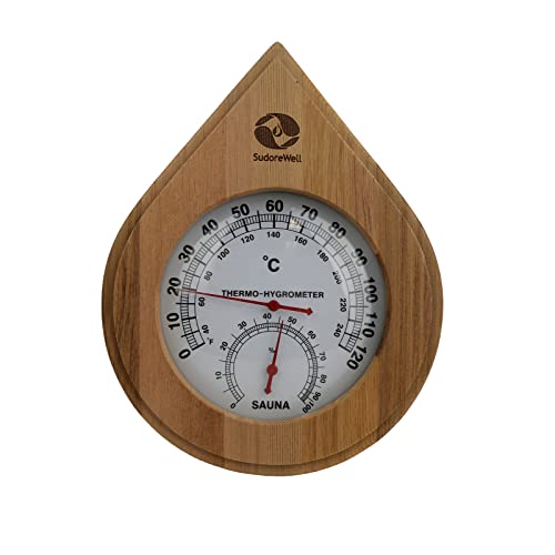 Sauna Klimamesser Tropfen - Finnisches Sauna Thermometer + Hygrometer mit Holzrahmen dunkel by SudoreWell