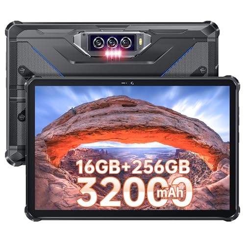 OUKITEL RT7 Outdoor Tablet - 32000mAh Akku (33W Schnell-Ladung) - 16GB(8+8)RAM + 256GB ROM Tablet 10.1 Zoll FHD+, Android 13 Wasserdichtes Tablet, 48MP+32MP Camera IP68/IP69K Dual SIM 4G/OTG/GPS Blau