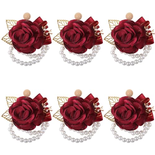 FLYIFE Gold Blatt Perle Rose Blume Corsage für Handgelenk rot mit Perlenkette Braut Brautjungfer Handgelenk Blumenarmband künstliche Corsage Hochzeit