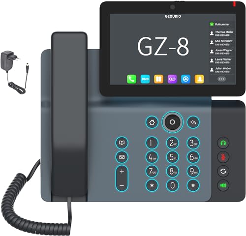 GEQUDIO IP Telefon GZ-8 mit Netzteil - Fritzbox, Telekom kompatibel - Premium Freisprechen & Touchdisplay - Einfache Anmeldung für FritzBox, Sipgate, Telekom Digitalisierungsbox, easybell