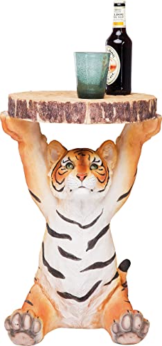 Kare Design Beistelltisch Animal Tiger, Ø35cm, kleiner, runder Couchtisch Holzoptik, Tierfigur als ausgefallener Wohnzimmertisch (H/B/T) 53x37x35cm