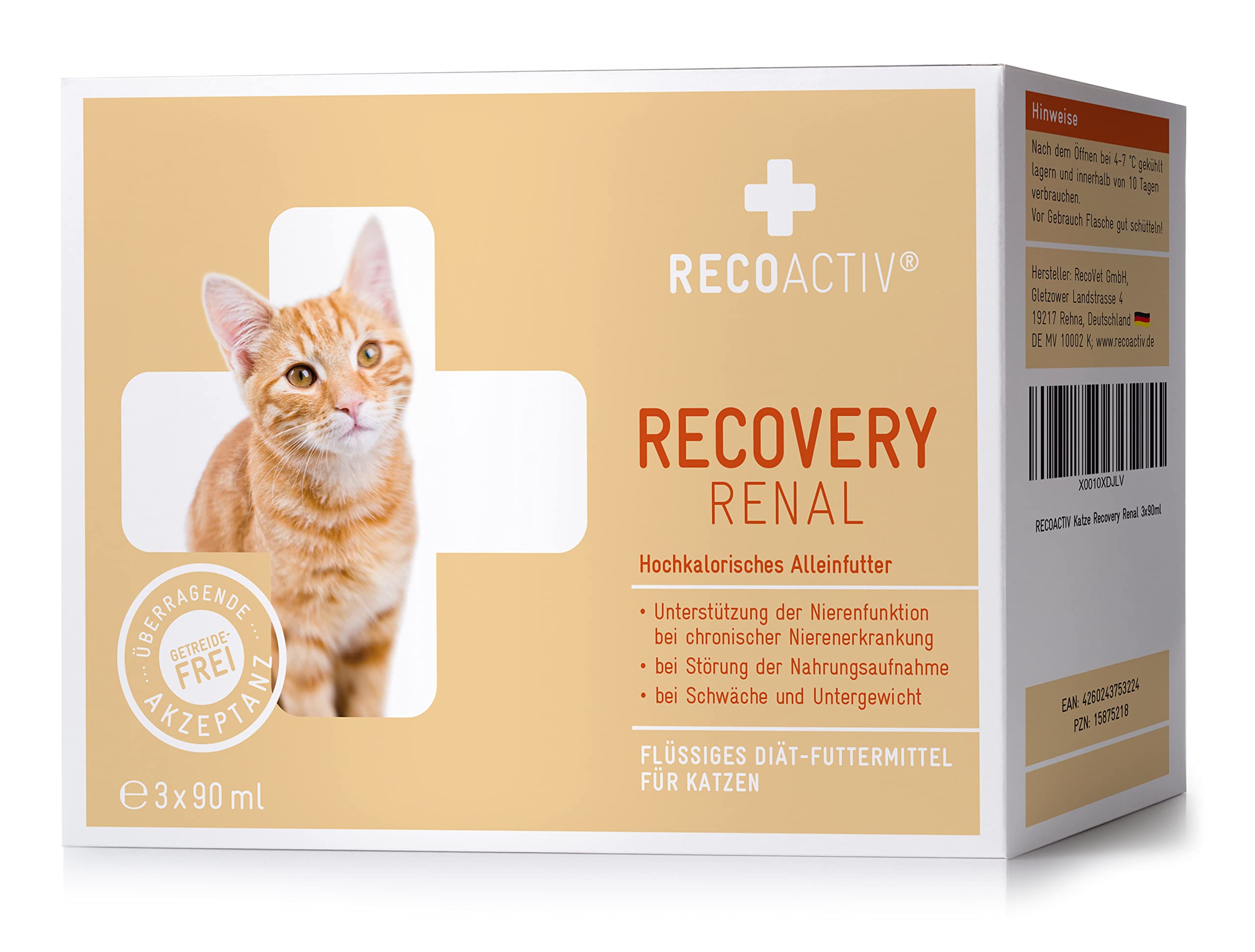 RECOACTIV Recovery Renal für Katzen, 3 x 90 ml, hochkalorisches Diät-Alleinfuttermittel bei Nierenfunktionsstörungen und erhöhtem Energiebedarf in der Rekonvaleszenz, zur Gewichtszunahme