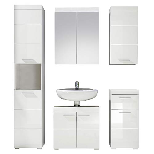 trendteam smart living Badezimmer 5-teilige Set Kombination Amanda, 163 x 190 x 34 cm in Weiß / Weiß Hochglanz mit viel Stauraum