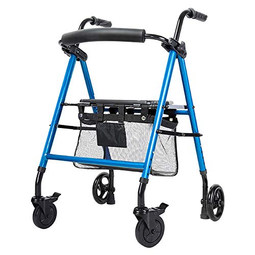 Blauer tragbarer Rolling Walker für Senioren, mit großen 6-Zoll-Rädern, Sitz und Bremsen, zusammenklappbarer, höhenverstellbarer aufrechter Walker, Handwagen zum Einkaufen