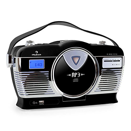 auna RCD-70 Retro CD-Radio Nostalgie Radio (UKW Radio, MP3-fähiger USB-Port, frontlader CD- / MP3-Player, programmierbare Wiedergabe, Zufallswiedergabe, Netz- / Batterie-Betrieb, Tragegriff) schwarz