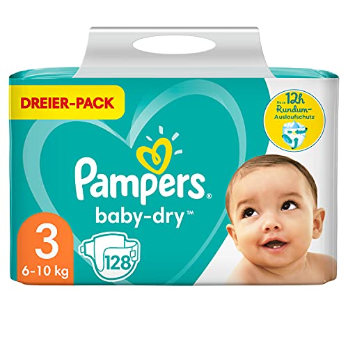 Pampers Baby-Dry Größe 3, 128 Windeln, bis zu 12 Stunden Rundumschutz, 6-10kg, 2.611 kg