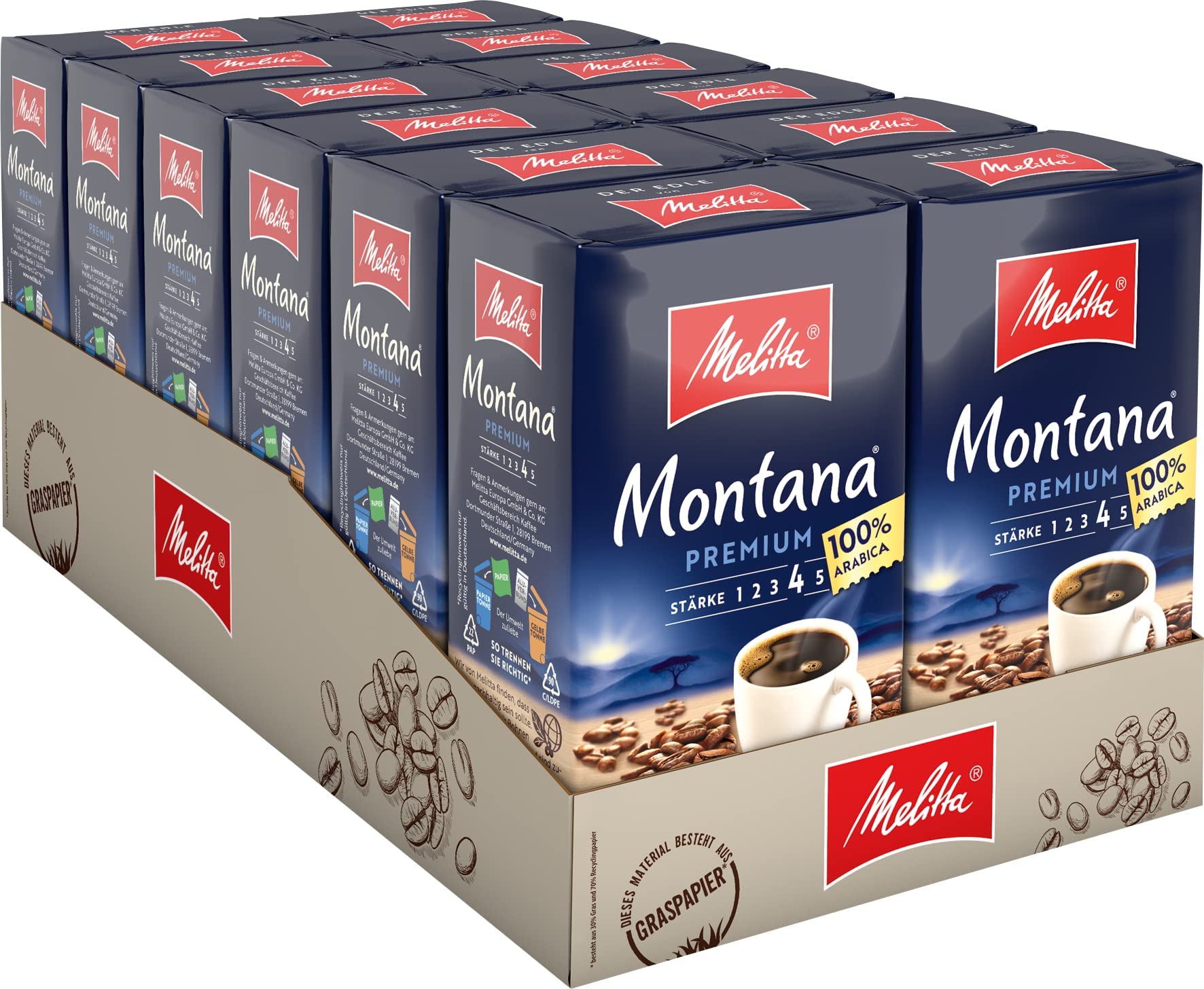Melitta Montana Premium Filter-Kaffee 12 x 500g, gemahlen, Pulver für Filterkaffeemaschinen, 100% Arabica, starke Röstung, geröstet in Deutschland, im Tray