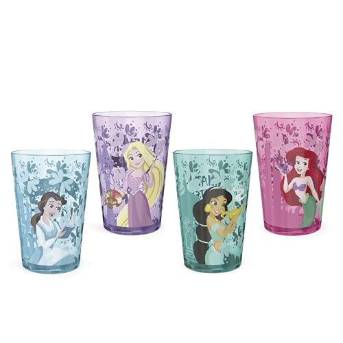 Zak Designs Disney Princess Trinkgläser-Set, 411 ml, inkl. haltbarer Kunststoffbecher, ideal für Kinder, 4 Stück (411 ml, Belle & Jasmin & Ariel), PYRP-0731