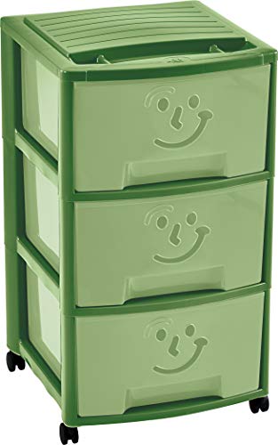 M-Home Fantasievoller Aufbewahrungsschrank für Kinder, mit 3 Schubladen und Rollen, Kunststoff, grün, 37 x 39 x 67 cm