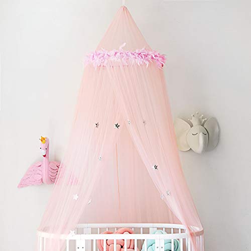 Bed Canopy Moskitonetz Vorhänge mit Federn und Sternen Cute Schöne Dekoration für Babys Mädchen, Kleinkinder und Teen Schlafzimmer, Pink