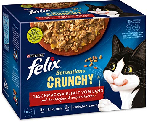 FELIX Katzennassfutter Sensations Crunchy in Gelee mit Crunchy Knusperstückchen Geschmacksvielfalt vom Land, 6er Pack (6 x 10 x 85g)