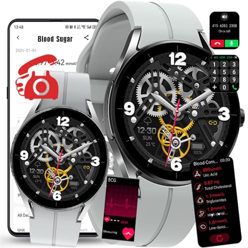 Fohatu 𝐄𝐂𝐆𝐏𝐏𝐆 Smartwatch 𝐛𝐥𝐮𝐭𝐳𝐮𝐜𝐤𝐞𝐫𝐛𝐥𝐮𝐭𝐳𝐮𝐜𝐤𝐞𝐫𝐦𝐞𝐬𝐬𝐮𝐧𝐠,Smartwatch Mit Bluetooth-Anrufe Blutfette Harnsäure Körpertemperatur Monitor,Grey