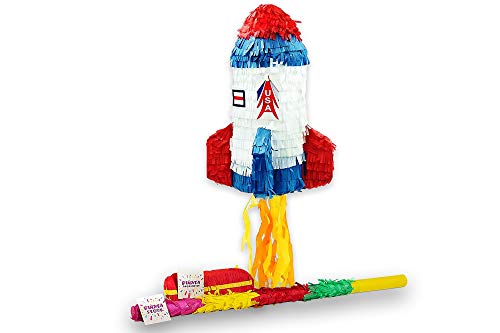 Trendario Pinata Set Rakete, Pinjatta + Stab + Augenmaske, Ideal zum Befüllen mit Süßigkeiten und Geschenken - Piñata für Kindergeburtstag Spiel, Geschenkidee, Party, Hochzeit