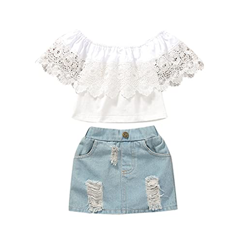 Baby Kleinkind Mädchen Sommerkleidung Schulterfrei Spitze Crop Top Rüschenhemd Zerrissene Denim Jeans Minirock Outfits